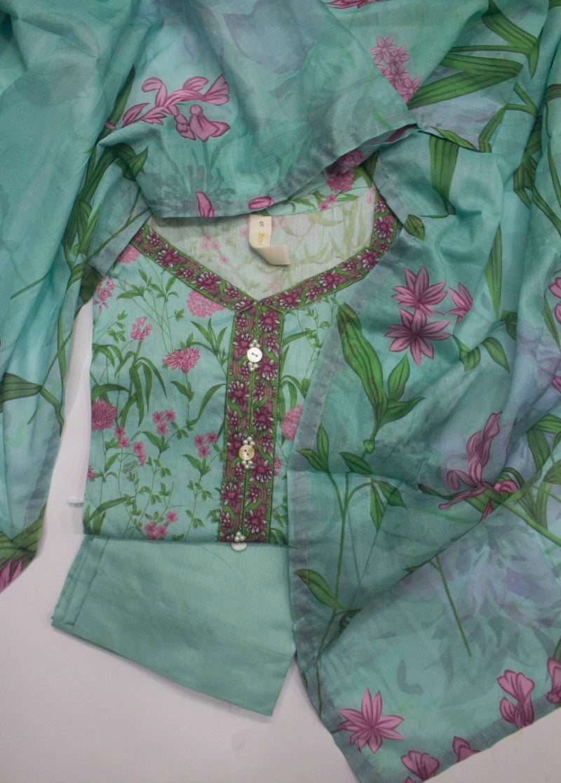 3 Piece Printed Stitched Turquoise Color Lawn Shirt with Trouser & Dupatta