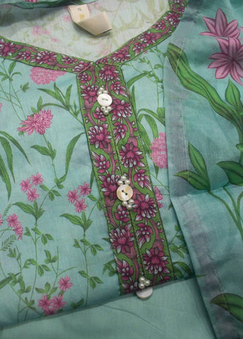 3 Piece Printed Stitched Turquoise Color Lawn Shirt with Trouser & Dupatta