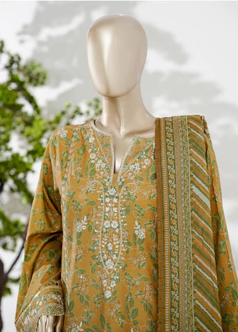 3 Piece Honey Orange Color Embroidered Lawn Shirt with Bell Bottom Trouser & Dupatta