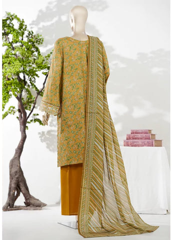 3 Piece Honey Orange Color Embroidered Lawn Shirt with Bell Bottom Trouser & Dupatta
