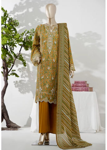 3 Piece Honey Orange Color Embroidered Lawn Shirt with Bell Bottom Trouser & Dupatta