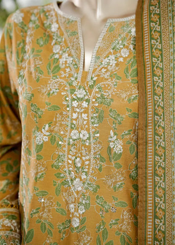 3 Piece Honey Orange Color Embroidered Lawn Shirt with Bell Bottom Trouser & Dupatta