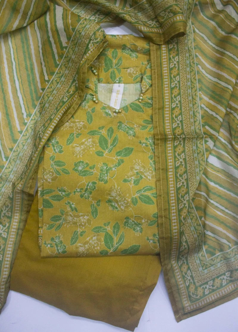 3 Piece Printed Stitched Mustard Color Lawn Shirt with Trouser & Dupatta