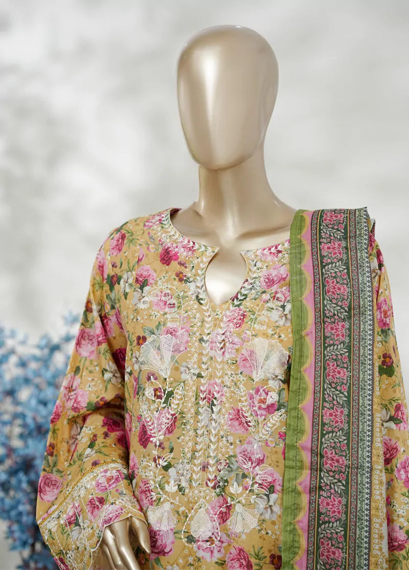 3 Piece Mustard Color Embroidered Lawn Shirt with Bell Bottom Trouser & Dupatta