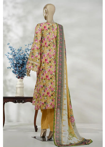 3 Piece Mustard Color Embroidered Lawn Shirt with Bell Bottom Trouser & Dupatta