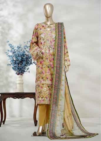 3 Piece Mustard Color Embroidered Lawn Shirt with Bell Bottom Trouser & Dupatta
