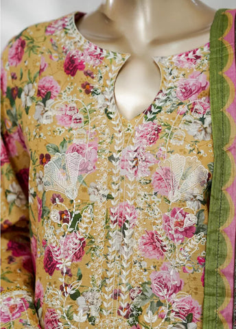 3 Piece Mustard Color Embroidered Lawn Shirt with Bell Bottom Trouser & Dupatta