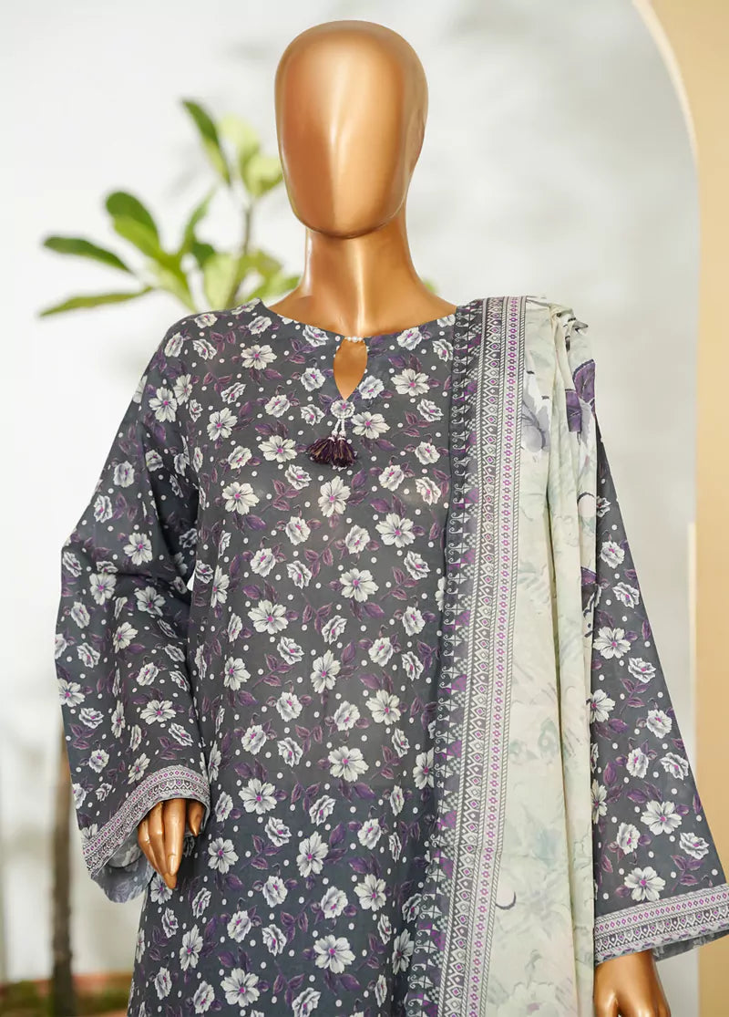 3 Piece Printed Grey Color Lawn Shirt with Trouser & Dupatta