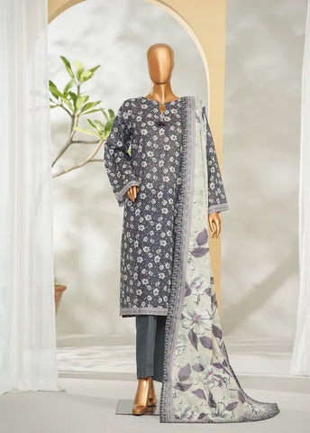 3 Piece Printed Grey Color Lawn Shirt with Trouser & Dupatta