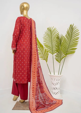 3 Piece Printed Stitched Red Color Lawn Shirt with Trouser & Dupatta