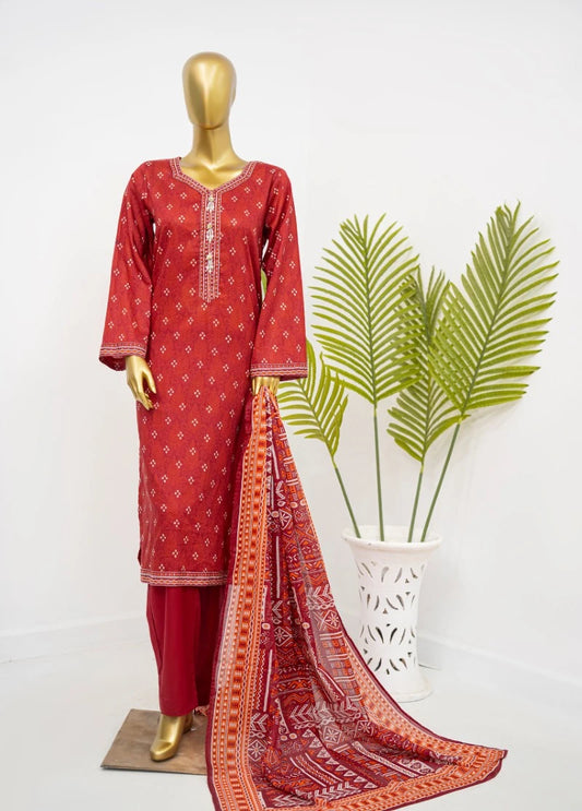 3 Piece Printed Stitched Red Color Lawn Shirt with Trouser & Dupatta