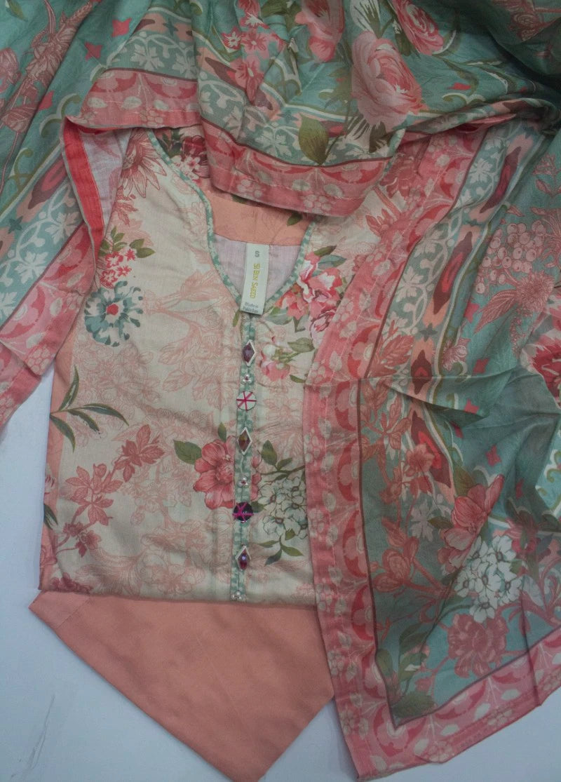 3 Piece Printed Stitched Peach Color Lawn Shirt with Trouser & Dupatta
