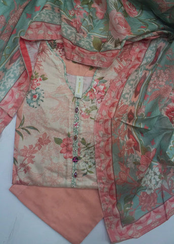3 Piece Printed Stitched Peach Color Lawn Shirt with Trouser & Dupatta