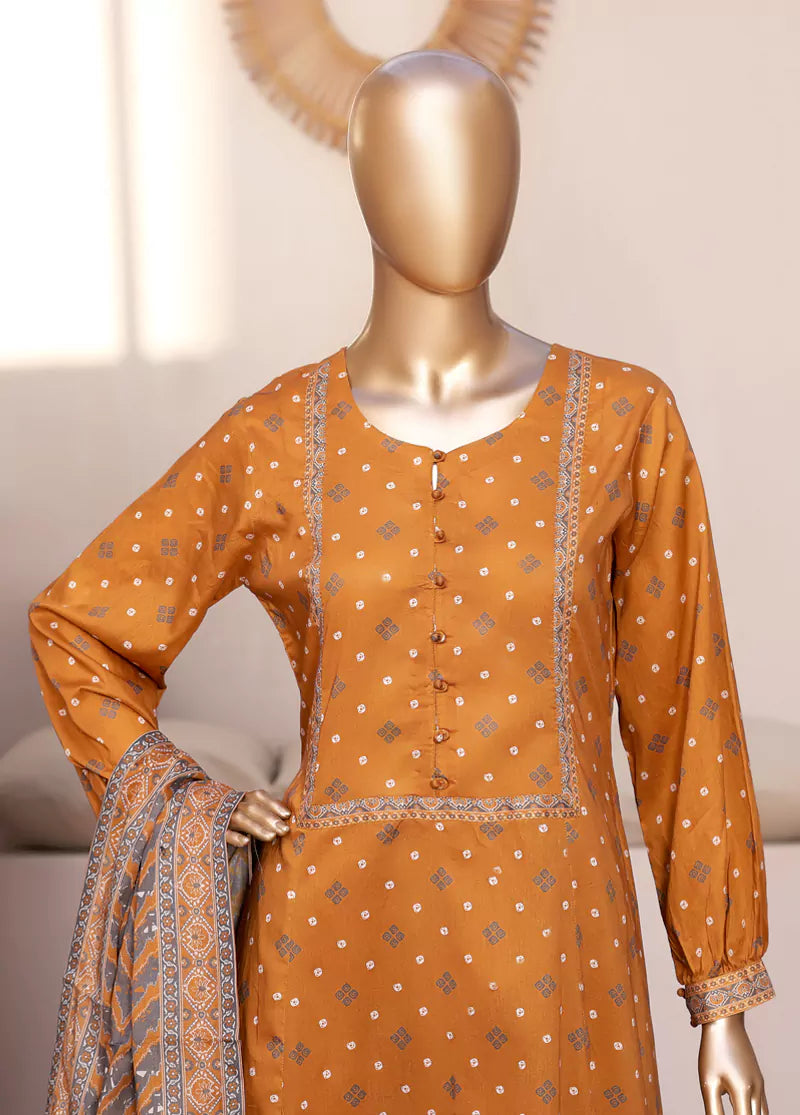 3 Piece Printed Stitched Merigold Orange Color Lawn Frock with Trouser & Dupatta