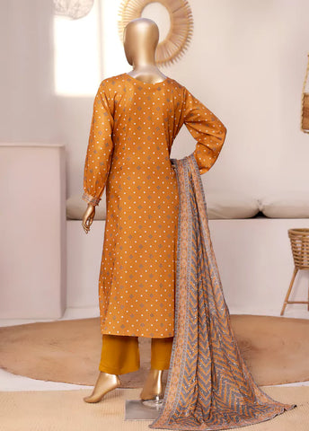 3 Piece Printed Stitched Merigold Orange Color Lawn Frock with Trouser & Dupatta