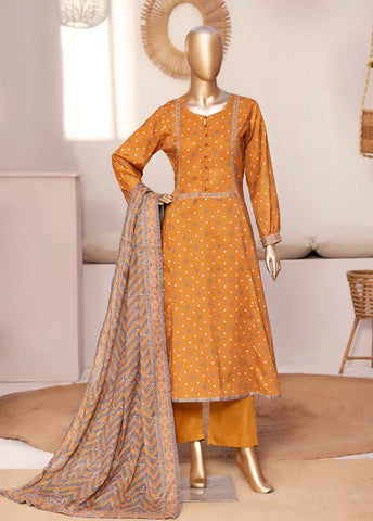 3 Piece Printed Stitched Merigold Orange Color Lawn Frock with Trouser & Dupatta