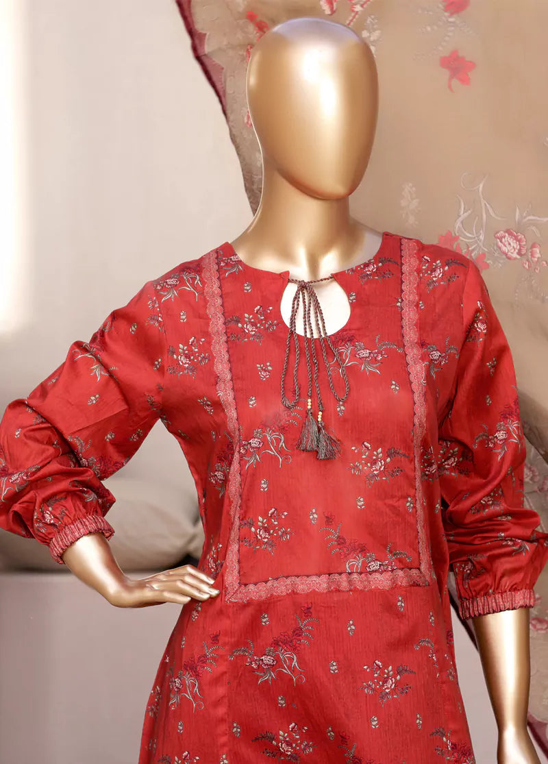 3 Piece Printed Stitched Red Color Lawn Frock with Trouser & Dupatta