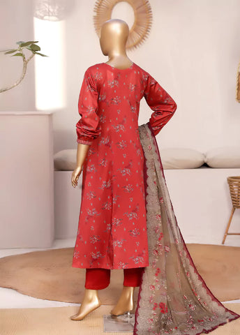 3 Piece Printed Stitched Red Color Lawn Frock with Trouser & Dupatta