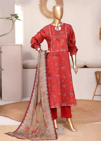 3 Piece Printed Stitched Red Color Lawn Frock with Trouser & Dupatta