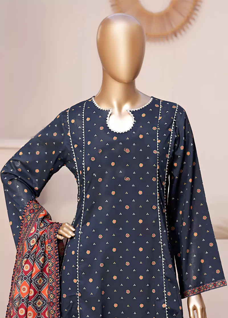 3 Piece Printed Stitched Navy Blue Color Lawn Frock with Trouser & Dupatta