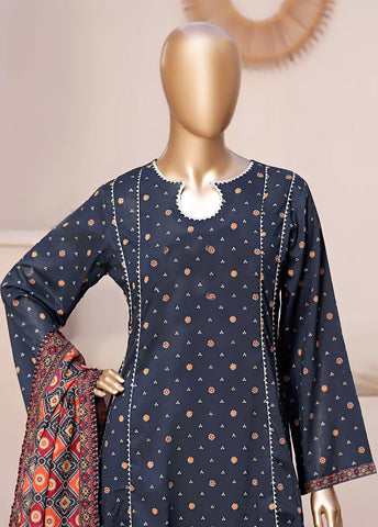 3 Piece Printed Stitched Navy Blue Color Lawn Frock with Trouser & Dupatta
