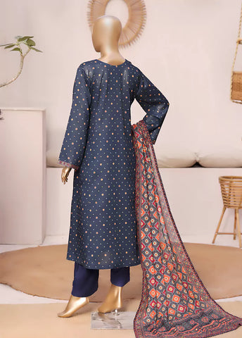 3 Piece Printed Stitched Navy Blue Color Lawn Frock with Trouser & Dupatta
