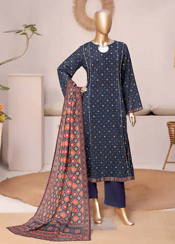 3 Piece Printed Stitched Navy Blue Color Lawn Frock with Trouser & Dupatta