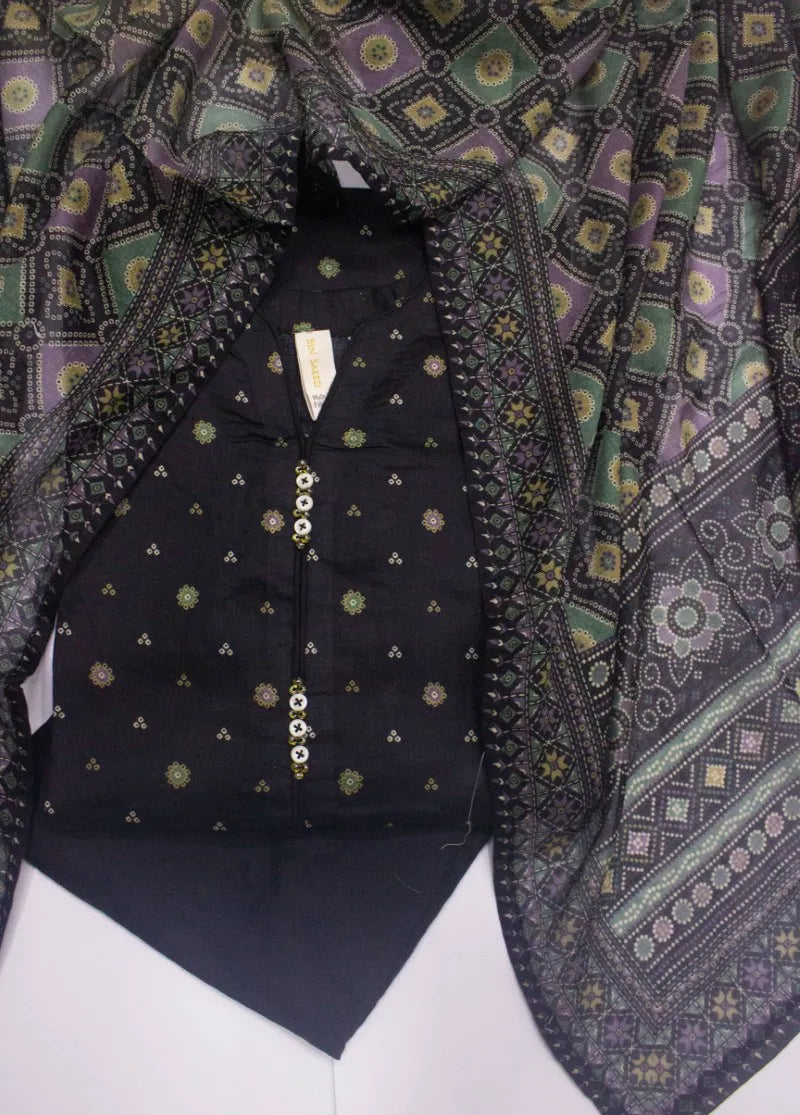 3 Piece Printed Stitched Black Color Lawn Shirt with Trouser & Dupatta