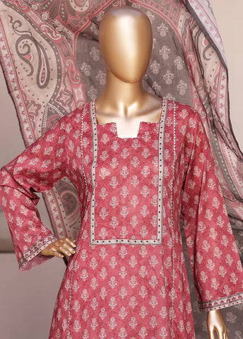 3 Piece Printed Stitched Coral Pink Color Lawn Frock with Trouser & Dupatta