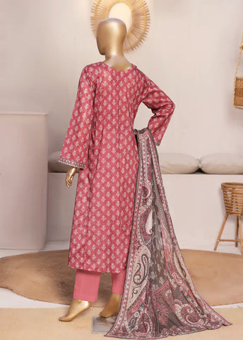 3 Piece Printed Stitched Coral Pink Color Lawn Frock with Trouser & Dupatta
