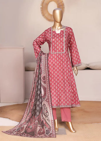 3 Piece Printed Stitched Coral Pink Color Lawn Frock with Trouser & Dupatta