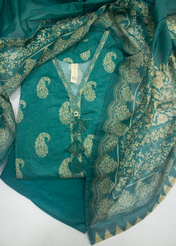 3 Piece Printed Stitched Sea Green Color Lawn Frock with Trouser & Dupatta