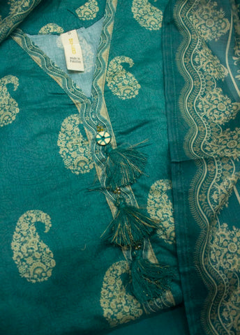 3 Piece Printed Stitched Sea Green Color Lawn Frock with Trouser & Dupatta