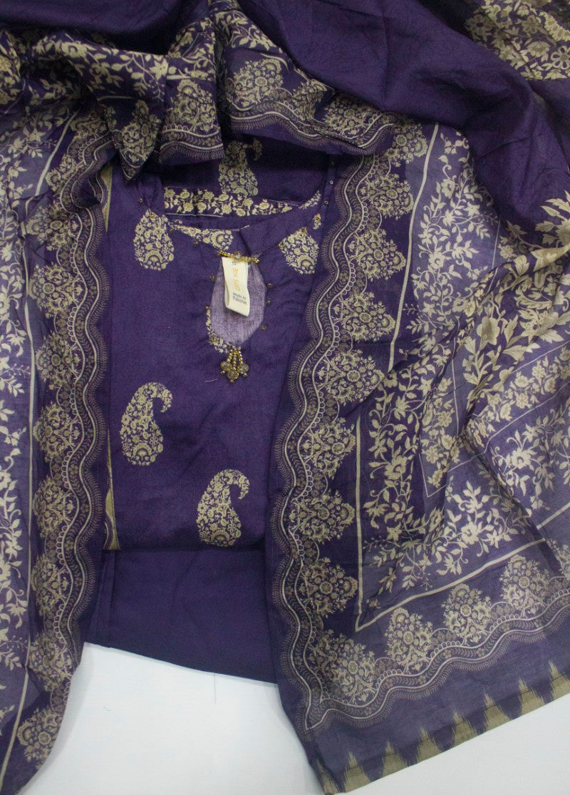3 Piece Printed Stitched Purple Color Lawn Frock with Trouser & Dupatta