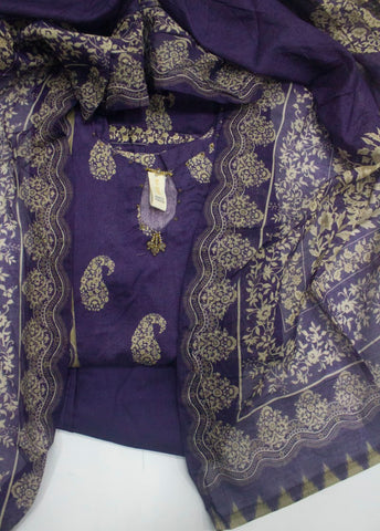 3 Piece Printed Stitched Purple Color Lawn Frock with Trouser & Dupatta
