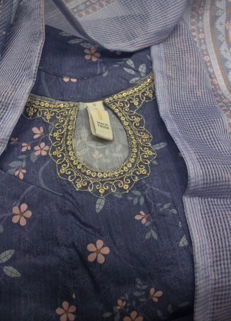 3 Piece Embroidred Stitched Royal Purple Color Lawn Frock with Trouser & Dupatta