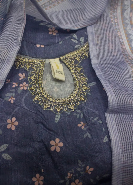 3 Piece Embroidred Stitched Royal Purple Color Lawn Frock with Trouser & Dupatta