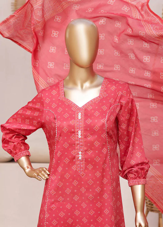 3 Piece Printed Stitched Watermelon Red Color Lawn Frock with Trouser & Dupatta