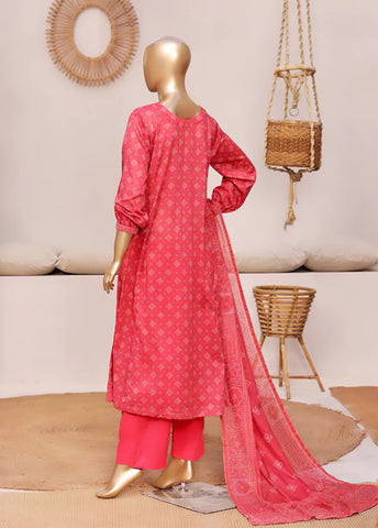 3 Piece Printed Stitched Watermelon Red Color Lawn Frock with Trouser & Dupatta