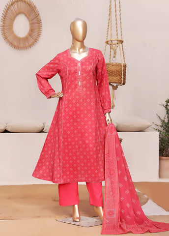 3 Piece Printed Stitched Watermelon Red Color Lawn Frock with Trouser & Dupatta