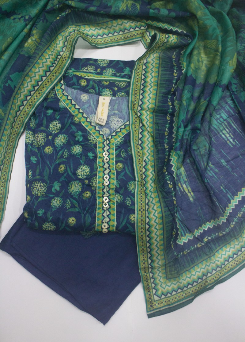 3 Piece Printed Stitched Blue Color Lawn Frock with Trouser & Dupatta