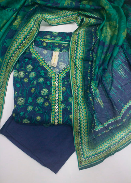 3 Piece Printed Stitched Blue Color Lawn Frock with Trouser & Dupatta