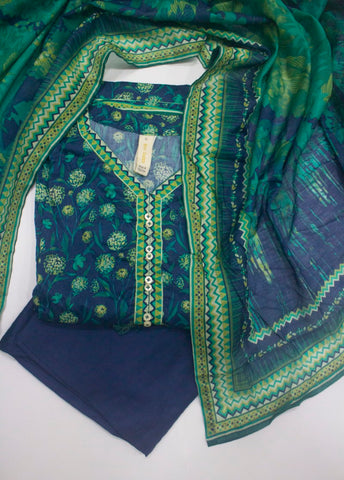 3 Piece Printed Stitched Blue Color Lawn Frock with Trouser & Dupatta