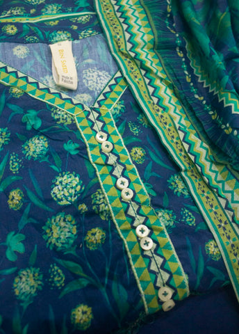 3 Piece Printed Stitched Blue Color Lawn Frock with Trouser & Dupatta