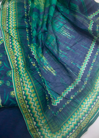 3 Piece Printed Stitched Blue Color Lawn Frock with Trouser & Dupatta