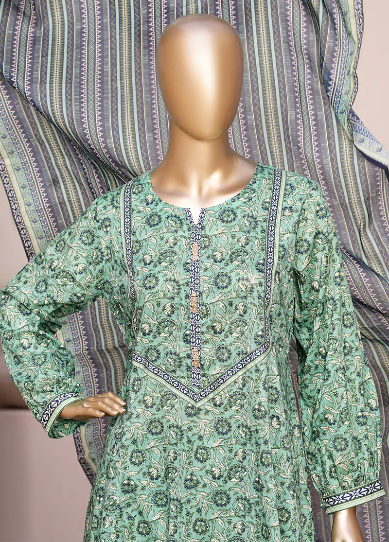 3 Piece Printed Stitched Mint Green Color Lawn Frock with Trouser & Dupatta