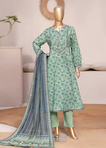 3 Piece Printed Stitched Mint Green Color Lawn Frock with Trouser & Dupatta