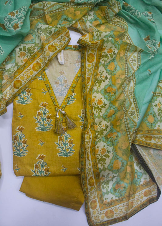 3 Piece Printed Stitched Mustard Color Lawn Frock with Trouser & Dupatta