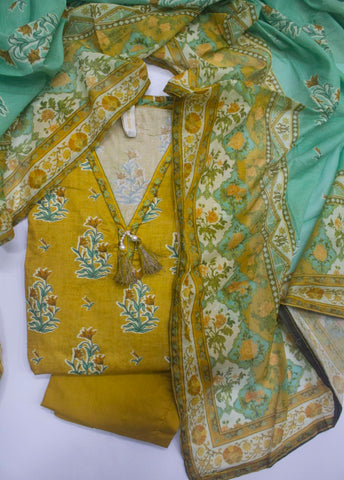 3 Piece Printed Stitched Mustard Color Lawn Frock with Trouser & Dupatta