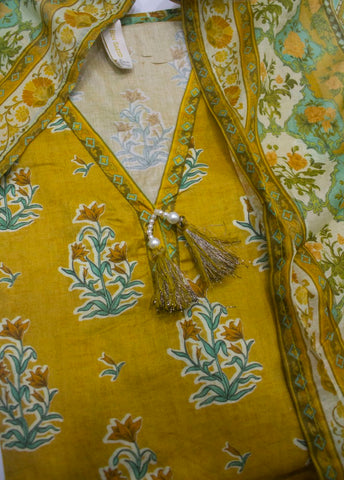 3 Piece Printed Stitched Mustard Color Lawn Frock with Trouser & Dupatta